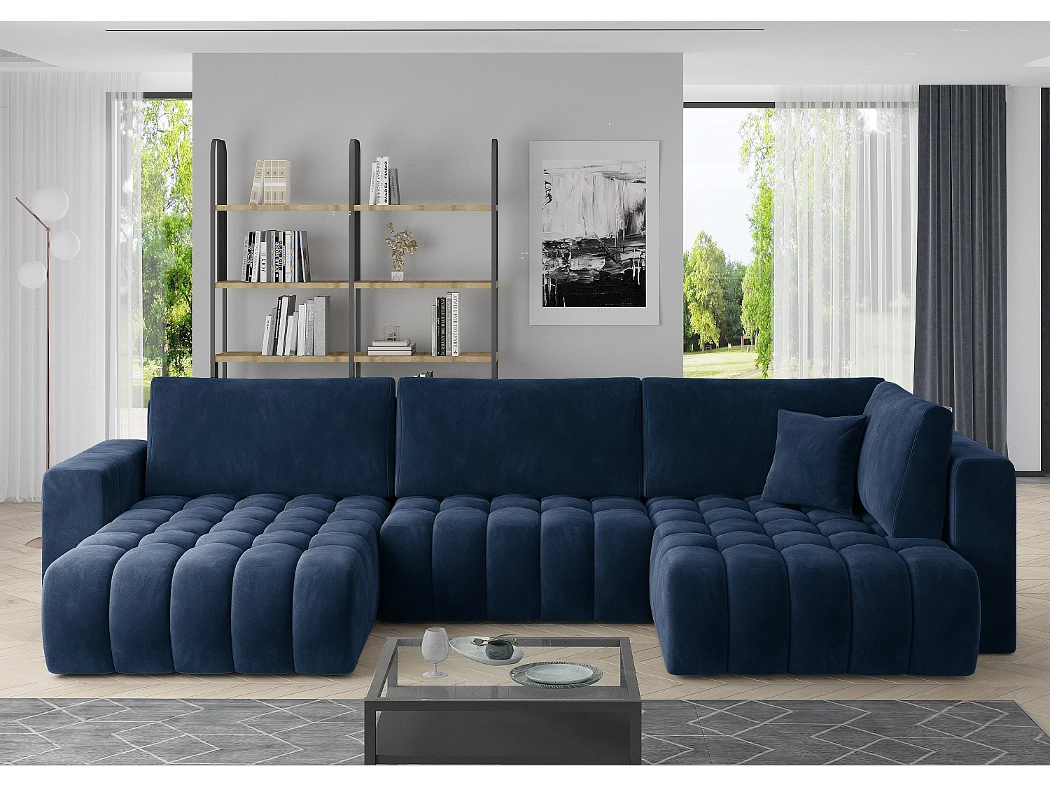 Canapé d'angle panoramique BOSTON en tissu capitonné-Gris chiné-Méridienne A gauche