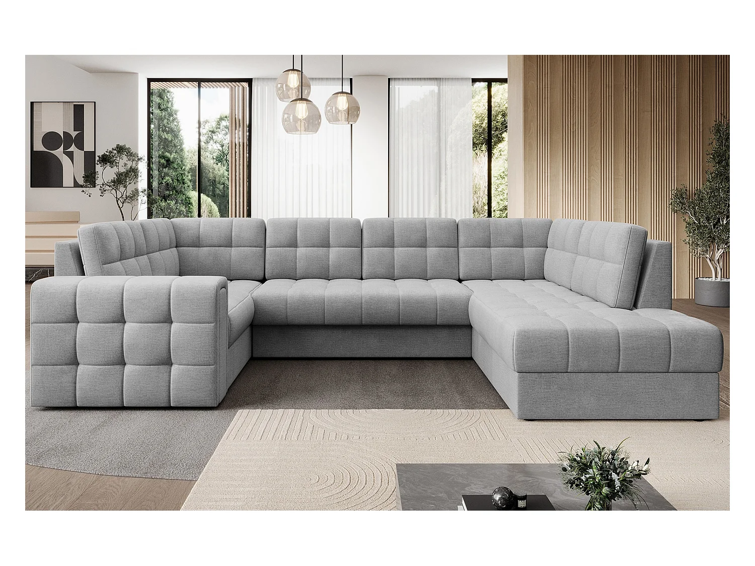 Canapé panoramique BLOOM tissu capitonné - Rangement et convertible-Gris clair-Coffre à droite