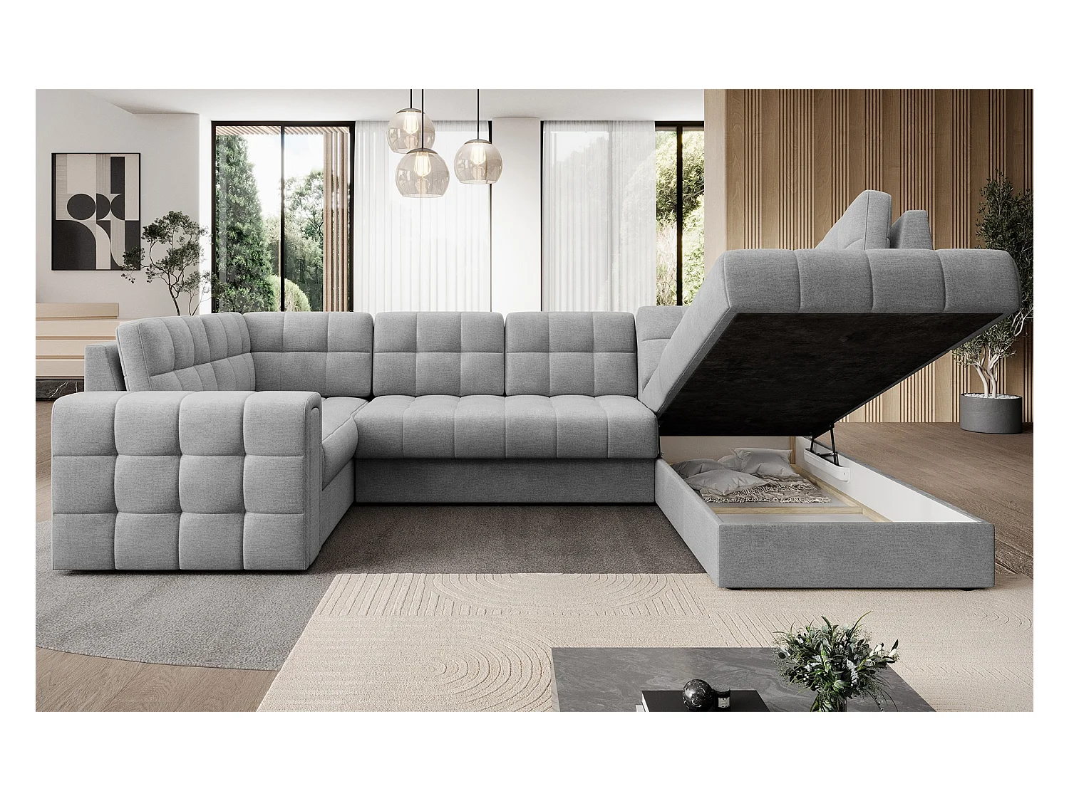 Canapé panoramique BLOOM tissu capitonné - Rangement et convertible-Gris clair-Coffre à droite