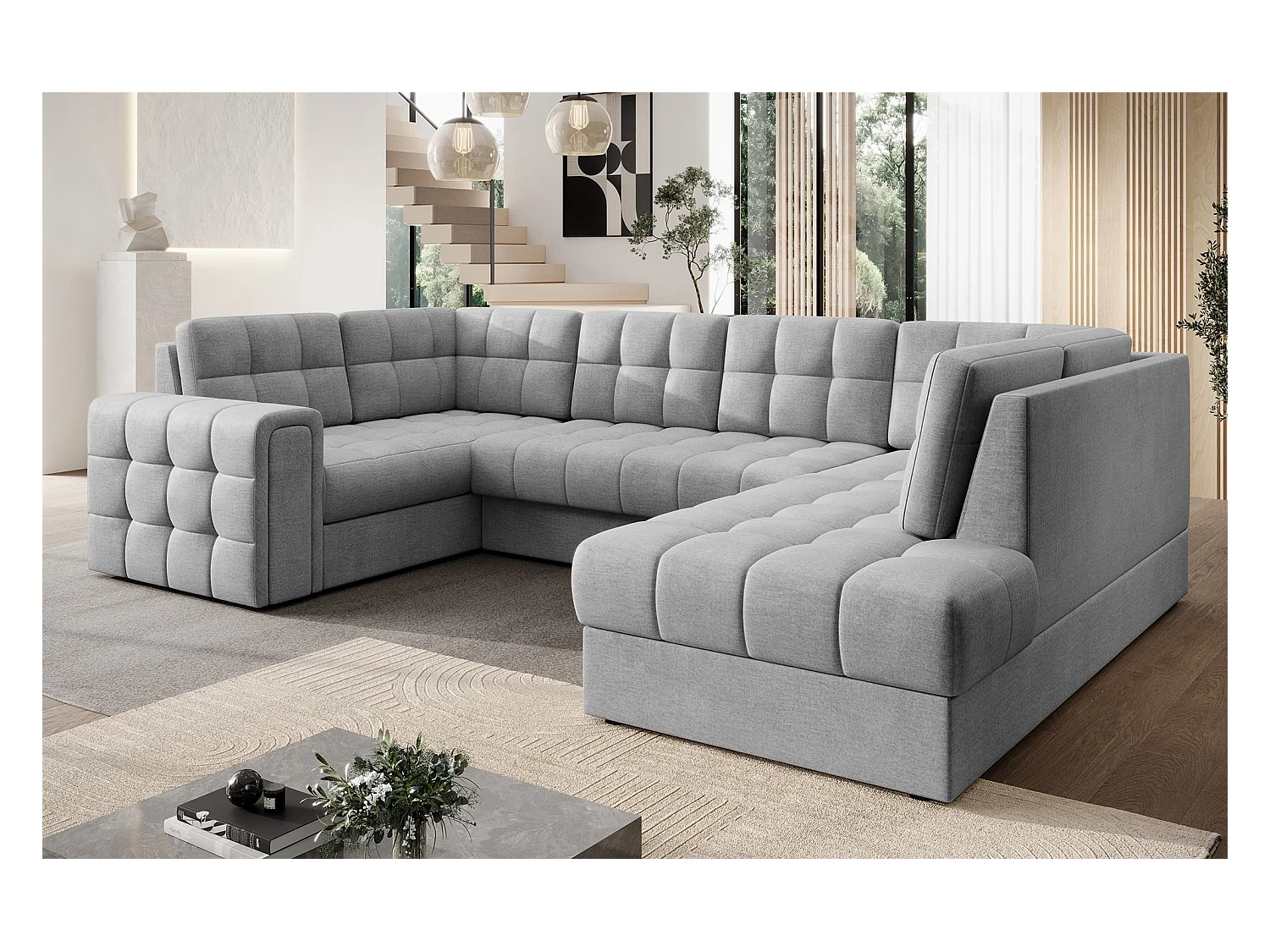 Canapé panoramique BLOOM tissu capitonné - Rangement et convertible-Gris clair-Coffre à droite