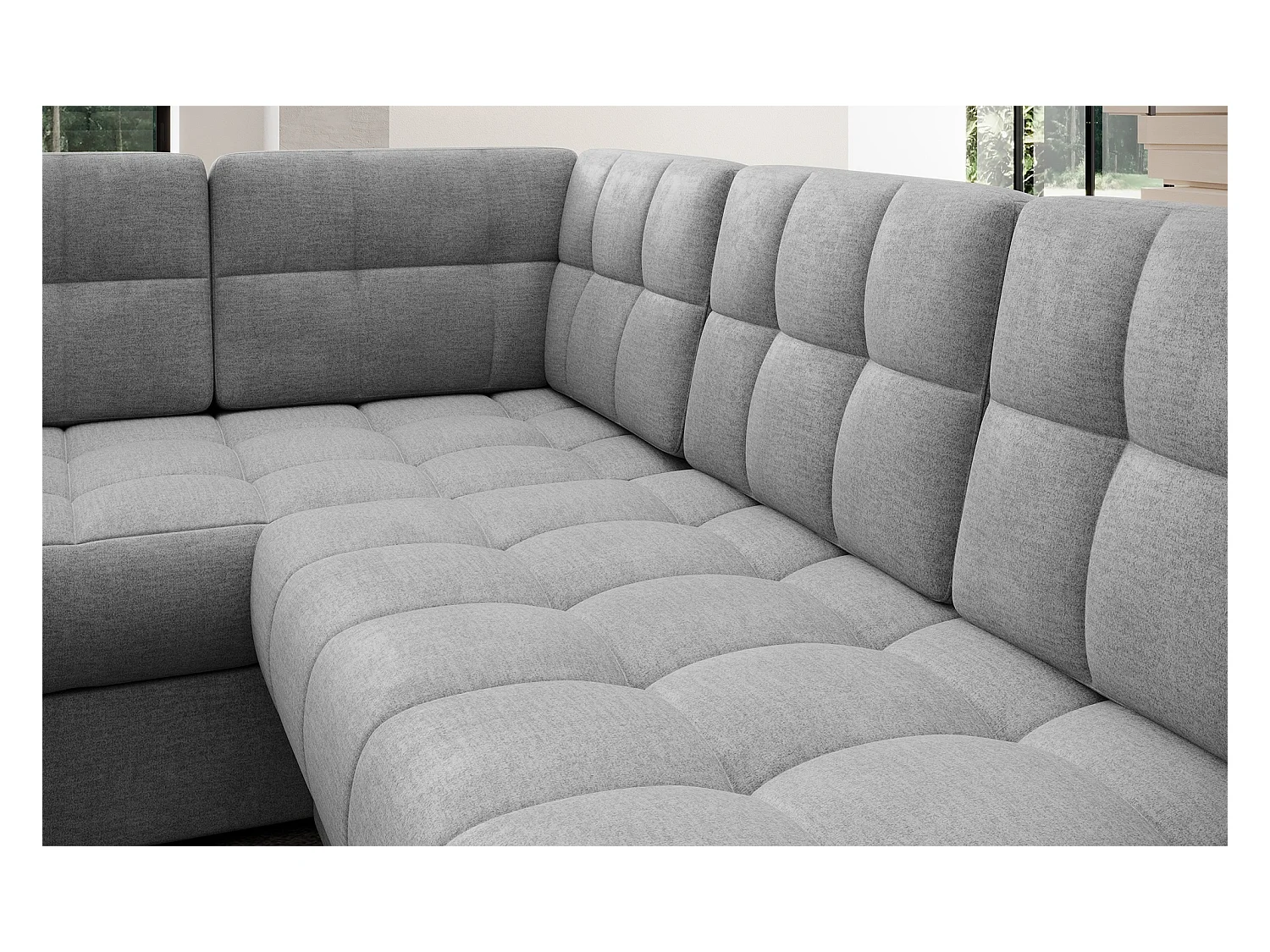 Canapé panoramique BLOOM tissu capitonné - Rangement et convertible-Gris clair-Coffre à droite