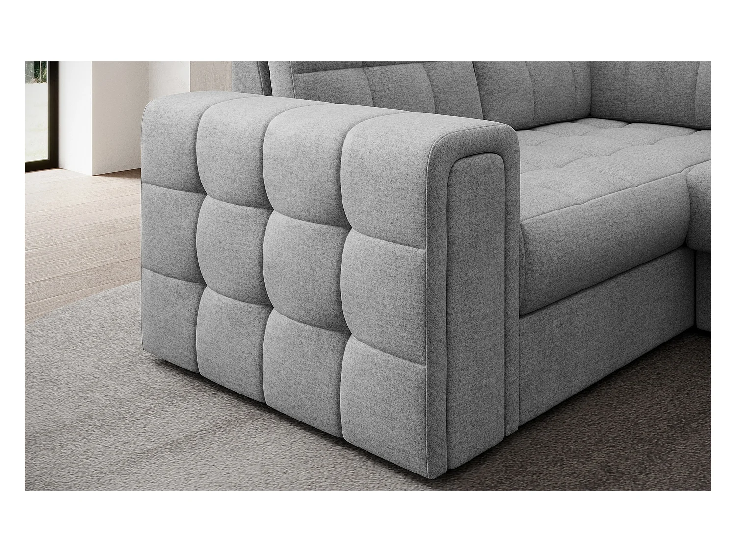 Canapé panoramique BLOOM tissu capitonné - Rangement et convertible-Gris clair-Coffre à droite