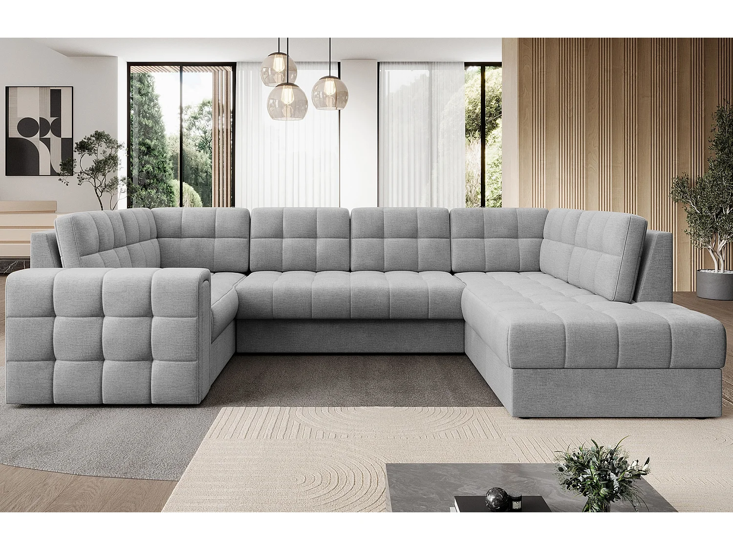 Canapé panoramique BLOOM tissu capitonné - Rangement et convertible-Gris clair-Coffre à droite