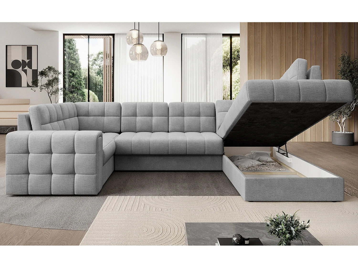 Canapé panoramique BLOOM tissu capitonné - Rangement et convertible-Gris clair-Coffre à droite