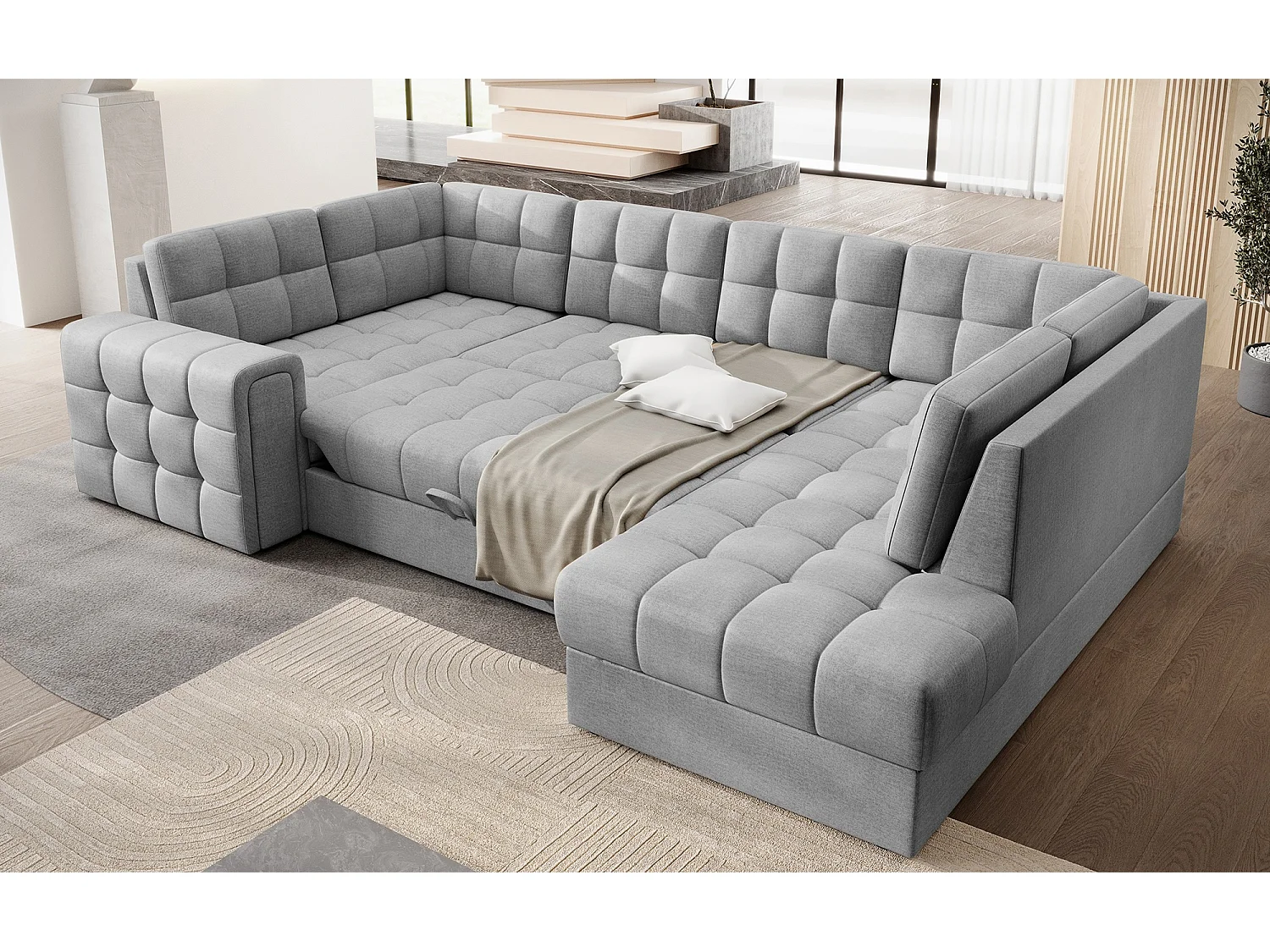 Canapé panoramique BLOOM tissu capitonné - Rangement et convertible-Gris clair-Coffre à droite