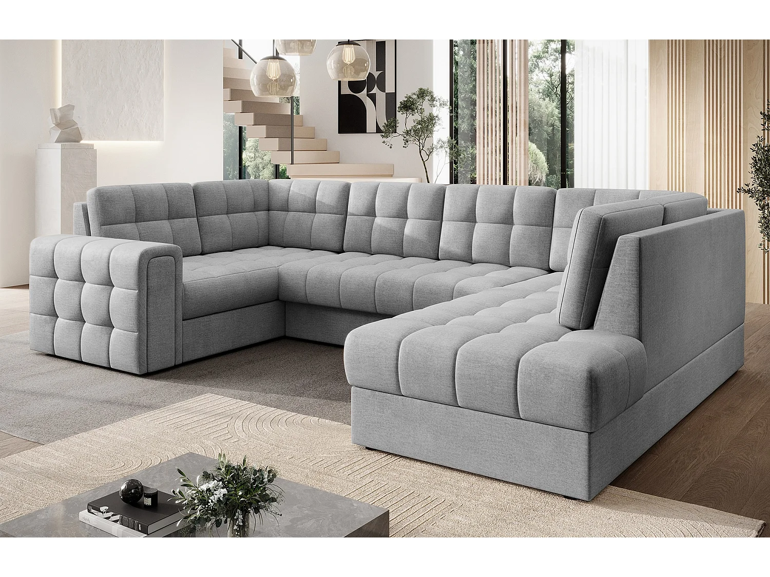 Canapé panoramique BLOOM tissu capitonné - Rangement et convertible-Gris clair-Coffre à droite