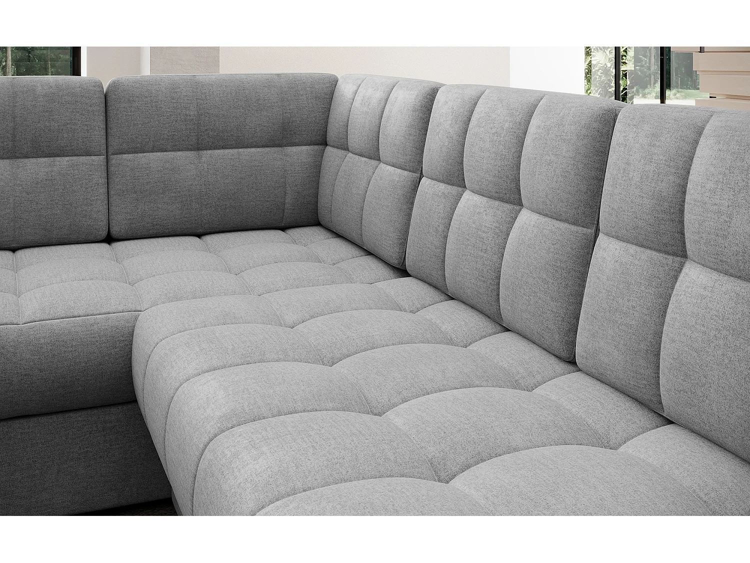 Canapé panoramique BLOOM tissu capitonné - Rangement et convertible-Gris clair-Coffre à droite