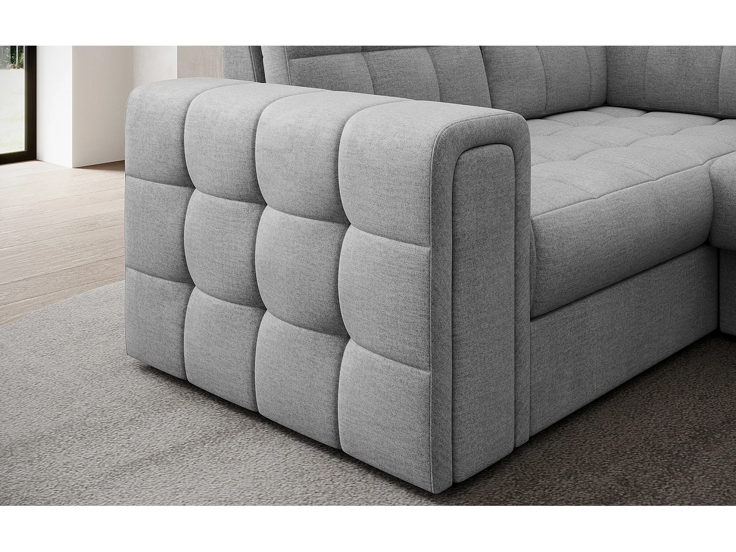 Canapé panoramique BLOOM tissu capitonné - Rangement et convertible-Gris clair-Coffre à droite