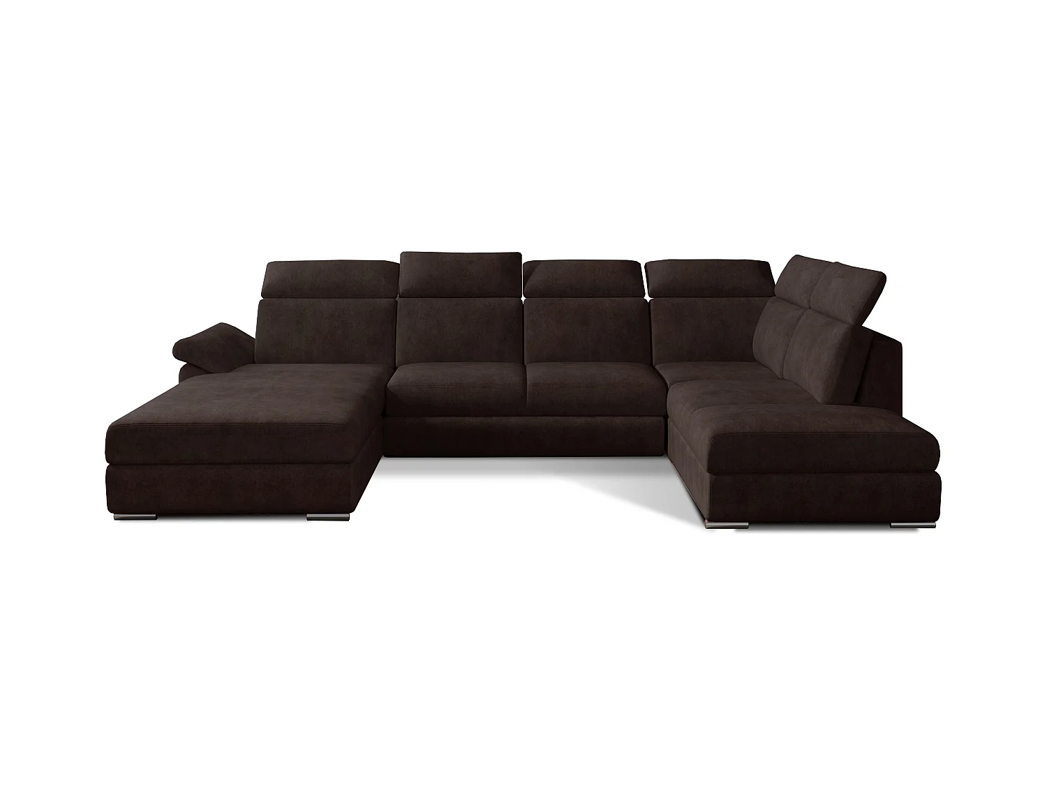 Canapé panoramique convertible LEVANO tissu - Rangement et appuie-têtes réglables-Marron-Coffre à gauche