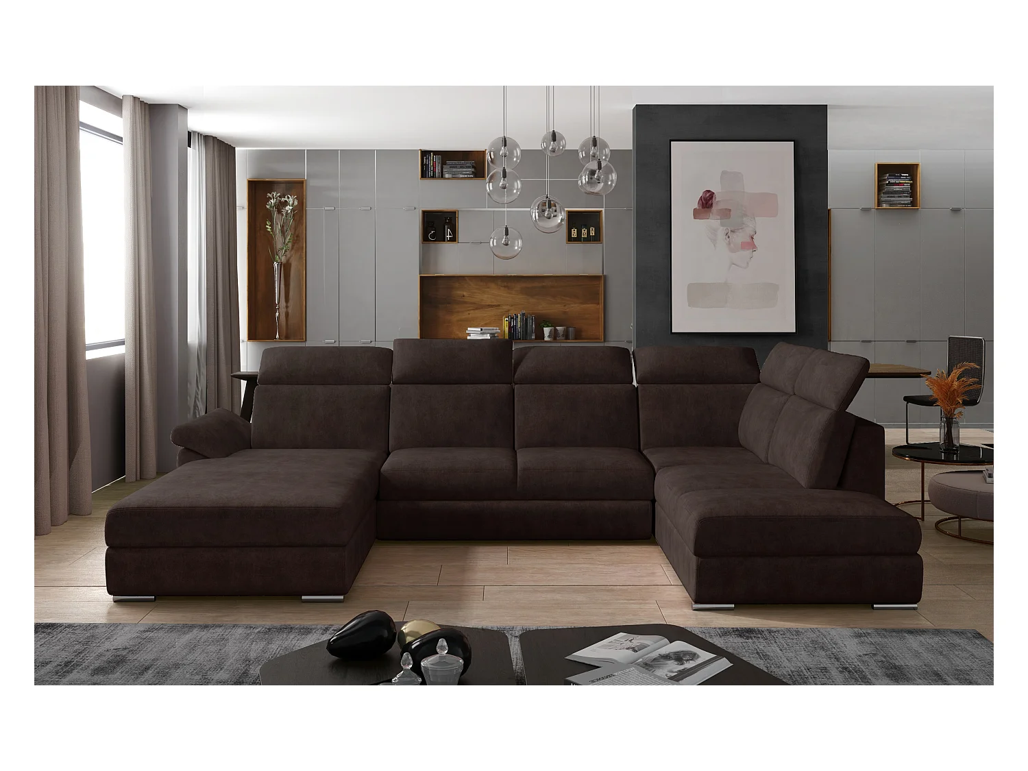 Canapé panoramique convertible LEVANO tissu - Rangement et appuie-têtes réglables-Marron-Coffre à gauche