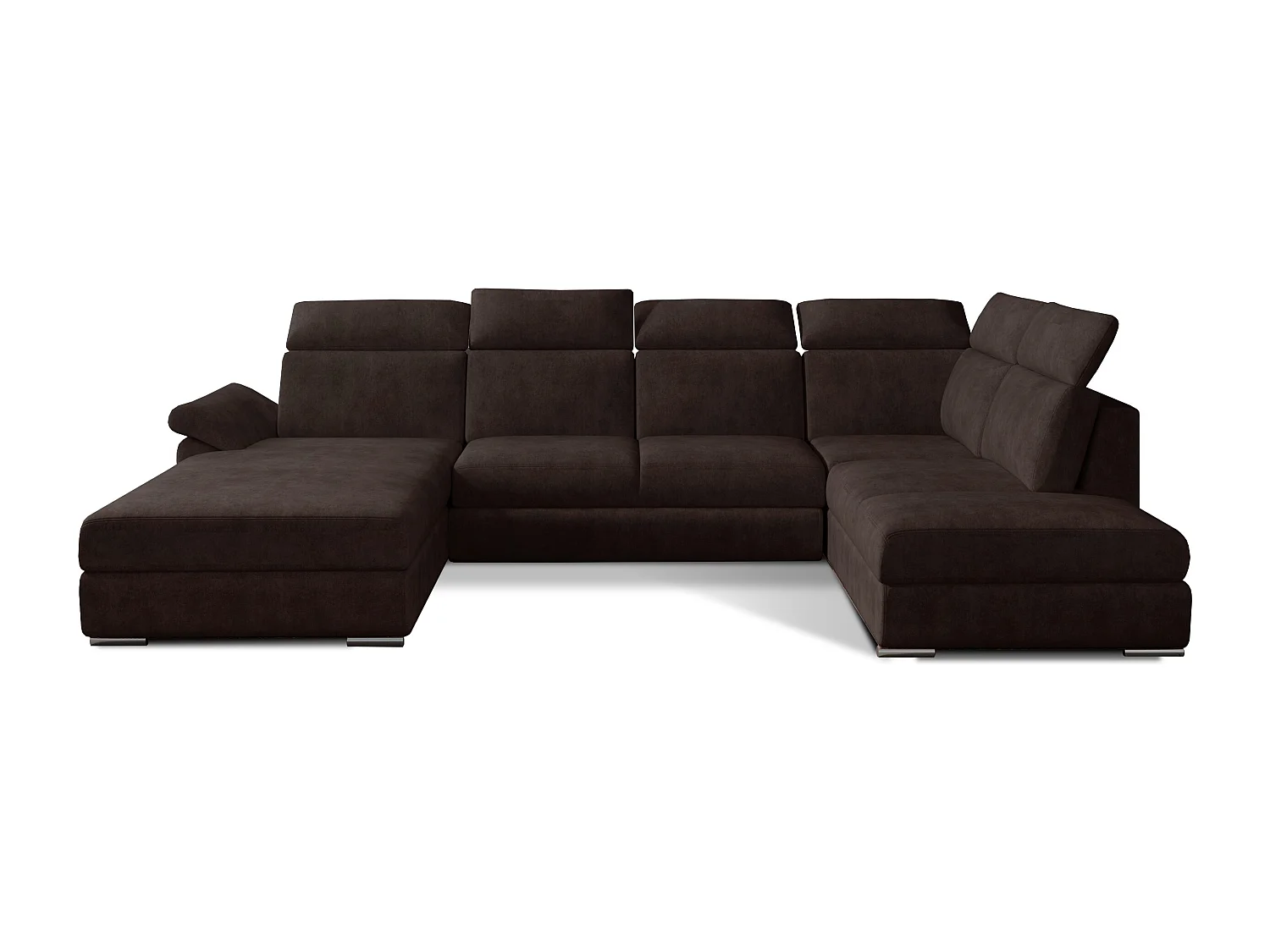 Canapé panoramique convertible LEVANO tissu - Rangement et appuie-têtes réglables-Marron-Coffre à gauche