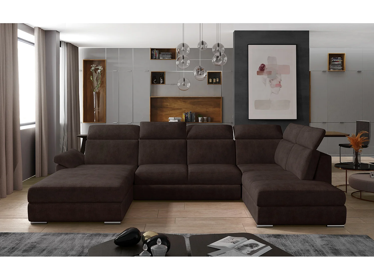 Canapé panoramique convertible LEVANO tissu - Rangement et appuie-têtes réglables-Marron-Coffre à gauche