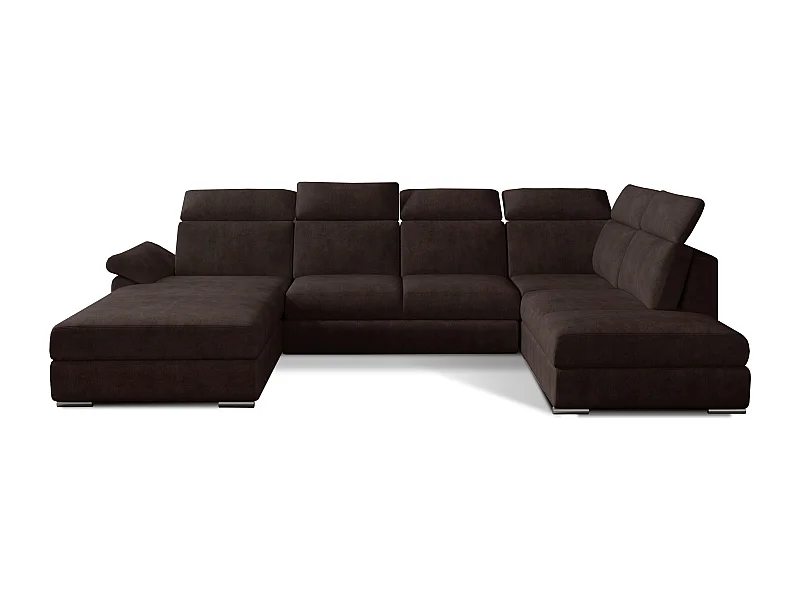 Canapé panoramique convertible LEVANO tissu - Rangement et appuie-têtes réglables-Marron-Coffre à gauche