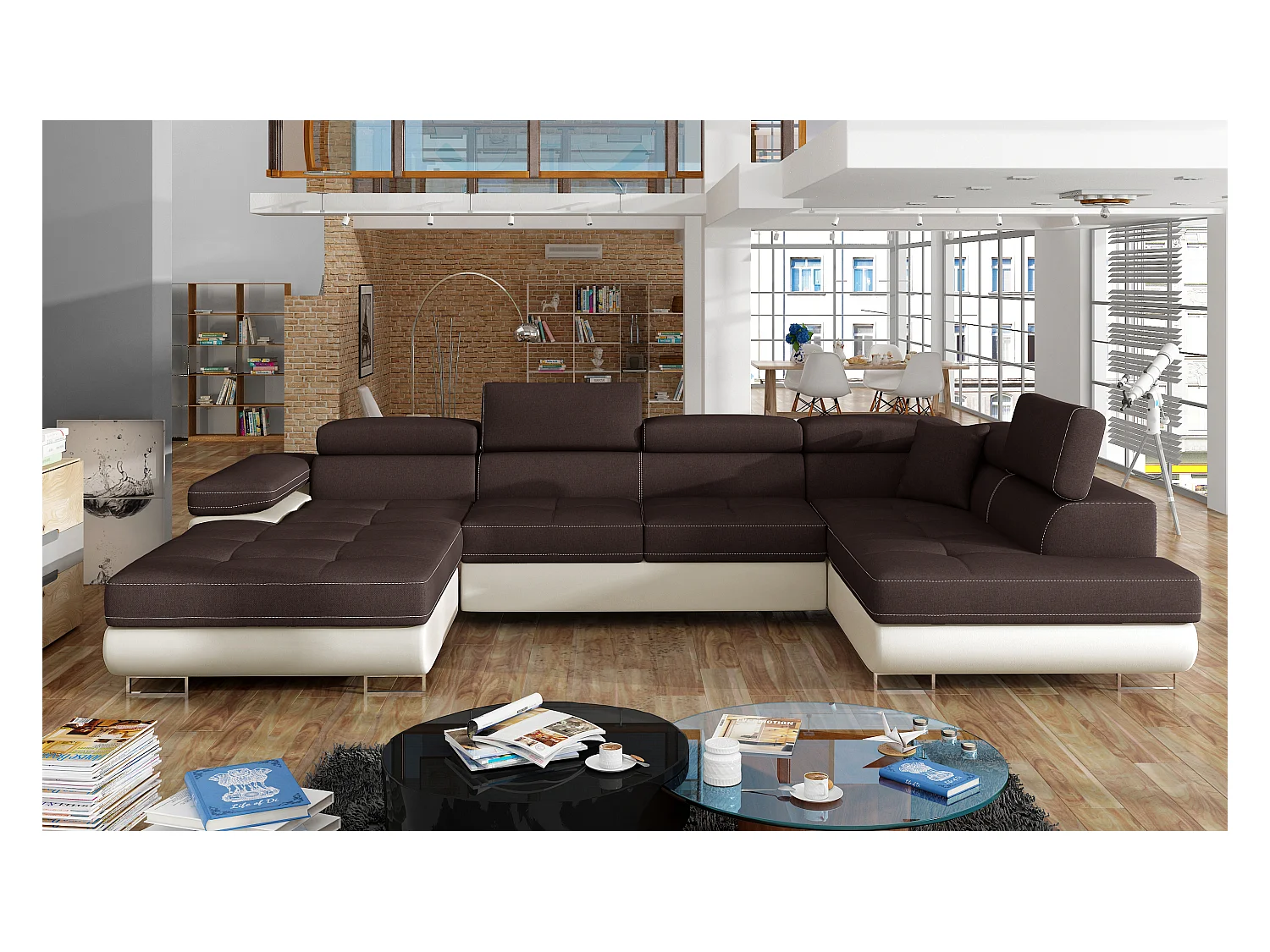 Canapé panoramique convertible ROMANO - Rangement et appuie-têtes réglables-Blanc/Marron-Coffre à droite