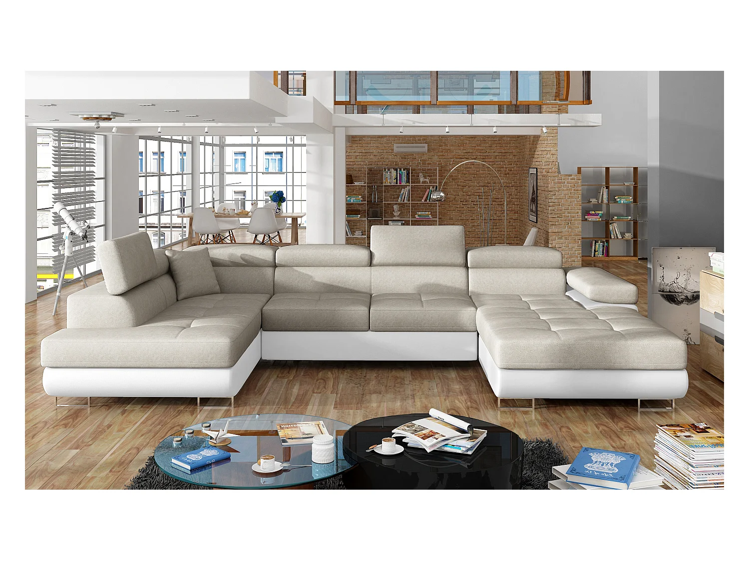 Canapé panoramique convertible ROMANO - Rangement et appuie-têtes réglables-Blanc/Marron-Coffre à droite