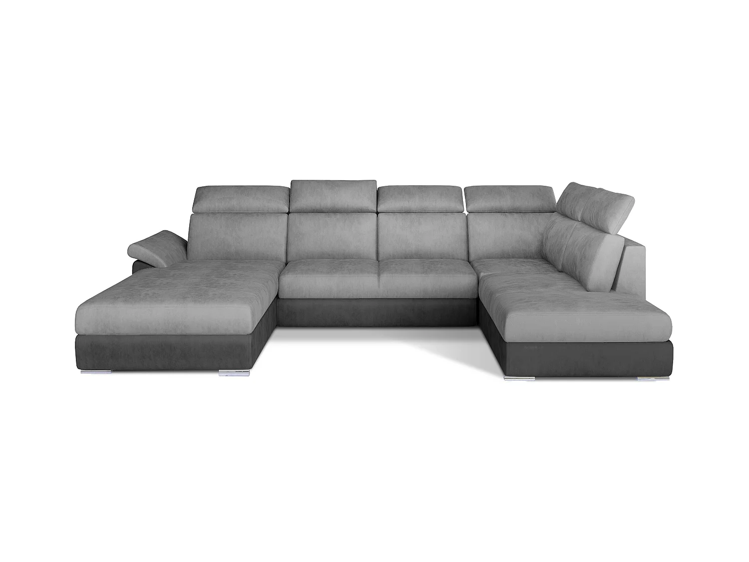 Canapé panoramique convertible LEVANO velours - Rangement et appuie-têtes réglables-Gris/Gris clair-Coffre à droite