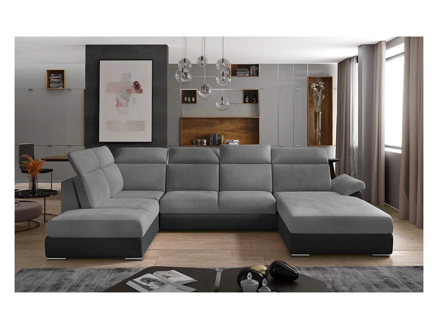 Canapé panoramique convertible LEVANO velours - Rangement et appuie-têtes réglables-Gris/Gris clair-Coffre à droite