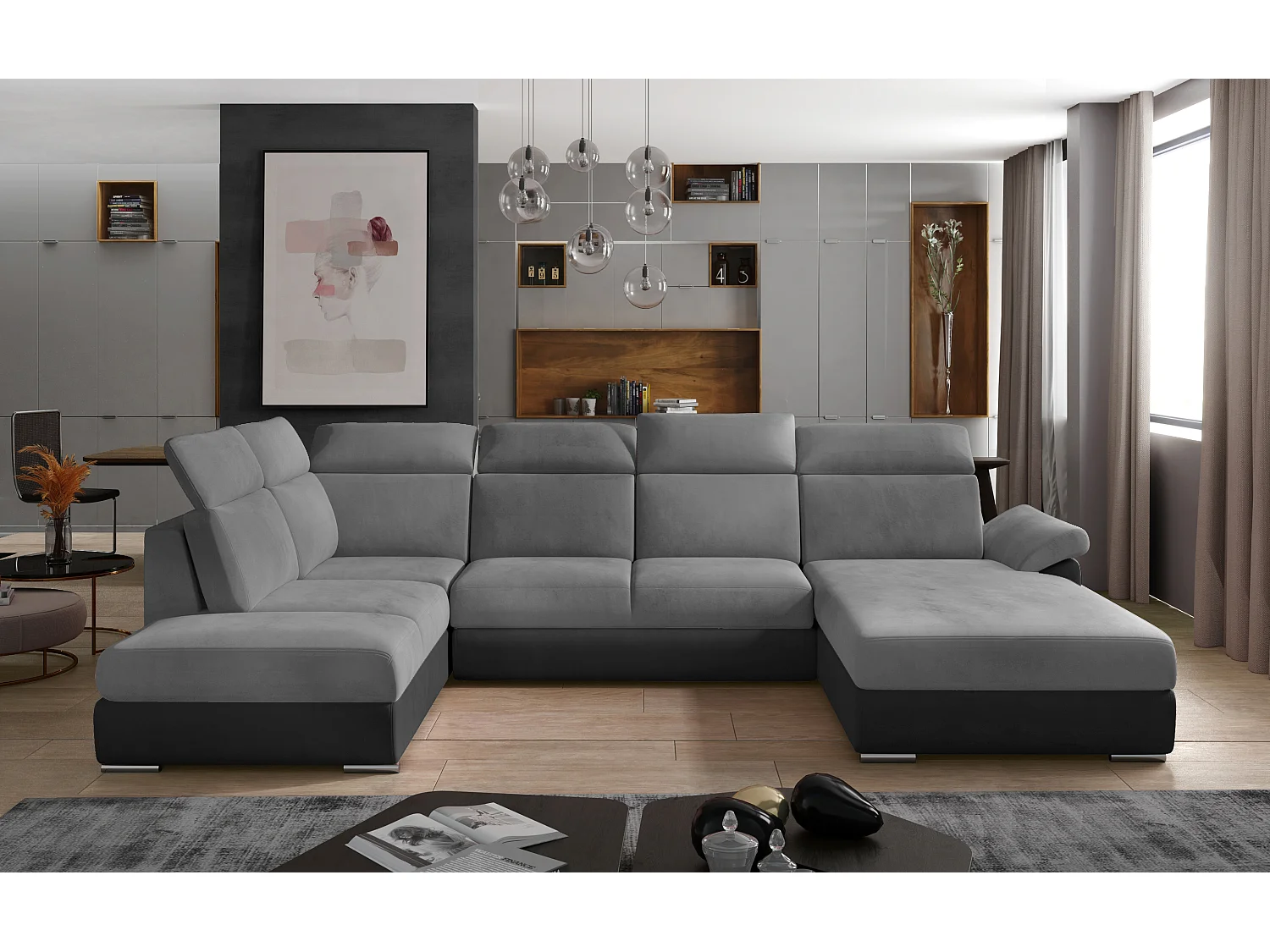 Canapé panoramique convertible LEVANO velours - Rangement et appuie-têtes réglables-Gris/Gris clair-Coffre à droite