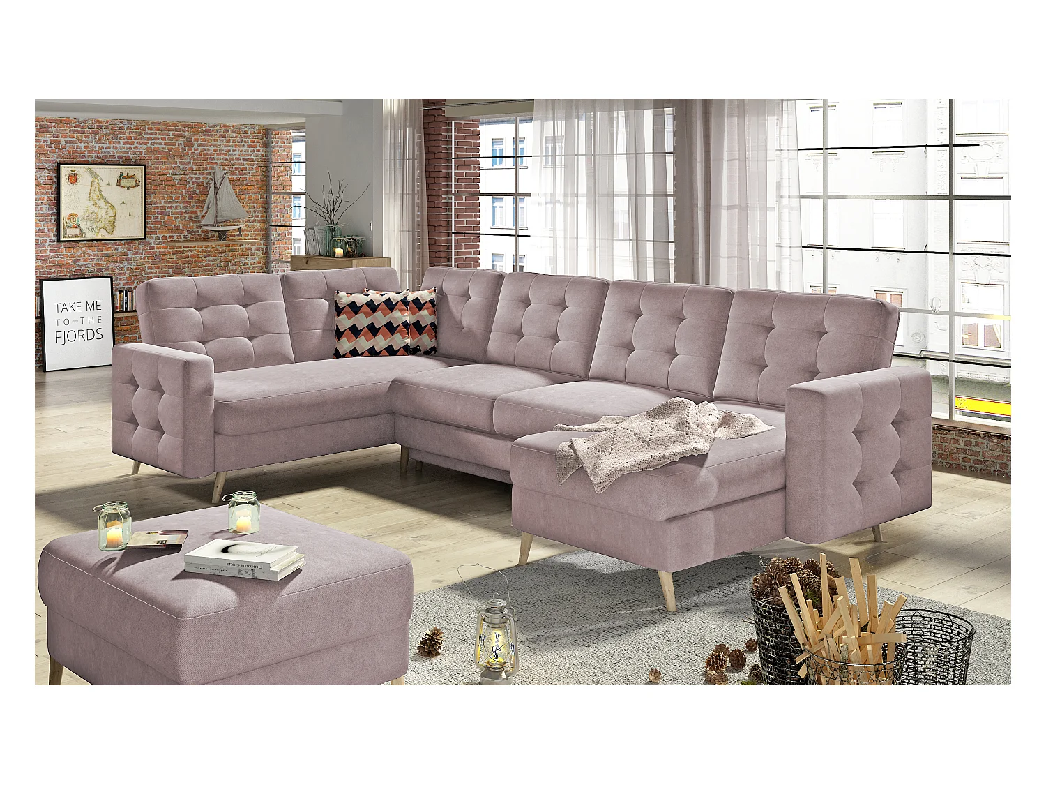 Canapé panoramique convertible ANSKA en tissu - Pieds bois naturel-Rose clair