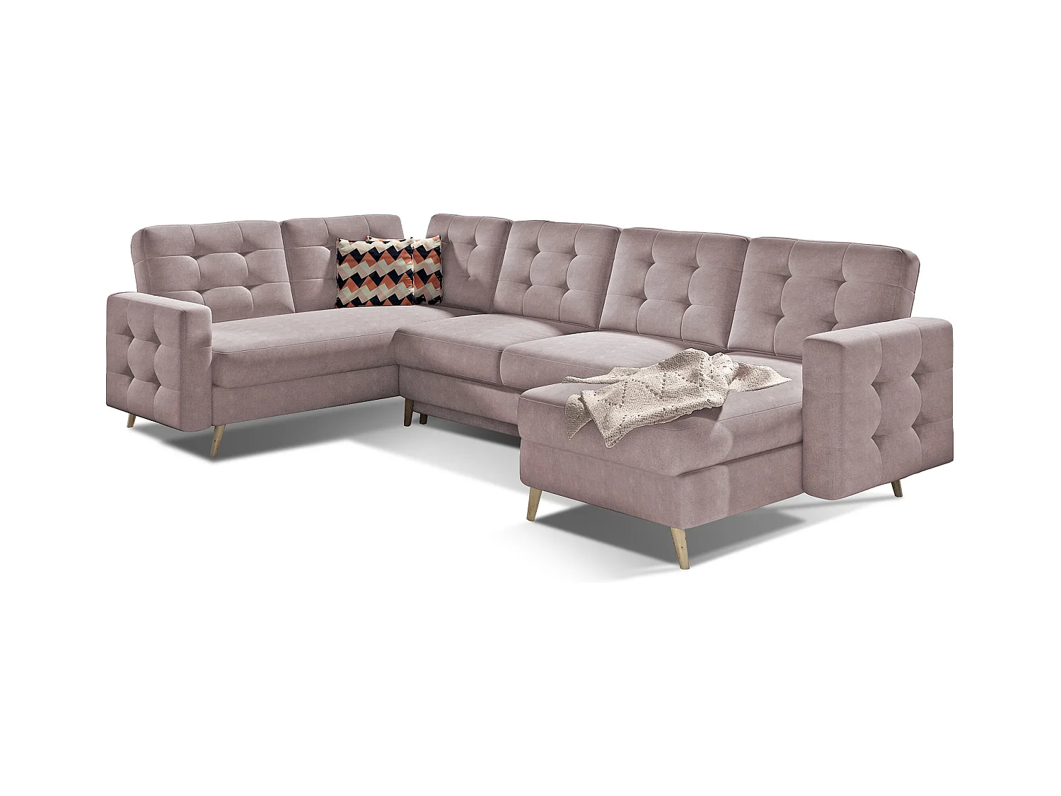 Canapé panoramique convertible ANSKA en tissu - Pieds bois naturel-Rose clair