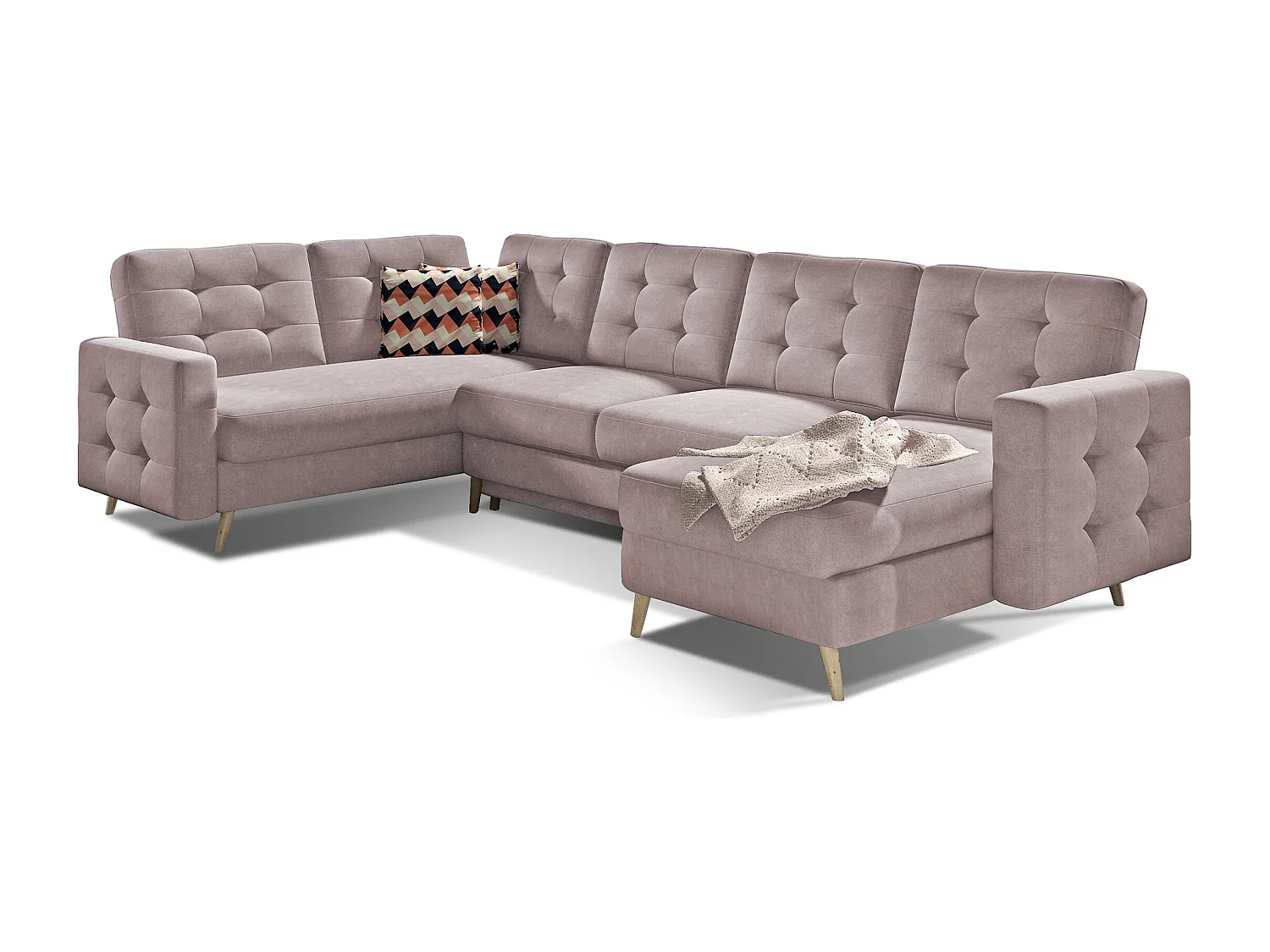 Canapé panoramique convertible ANSKA en tissu - Pieds bois naturel-Rose clair