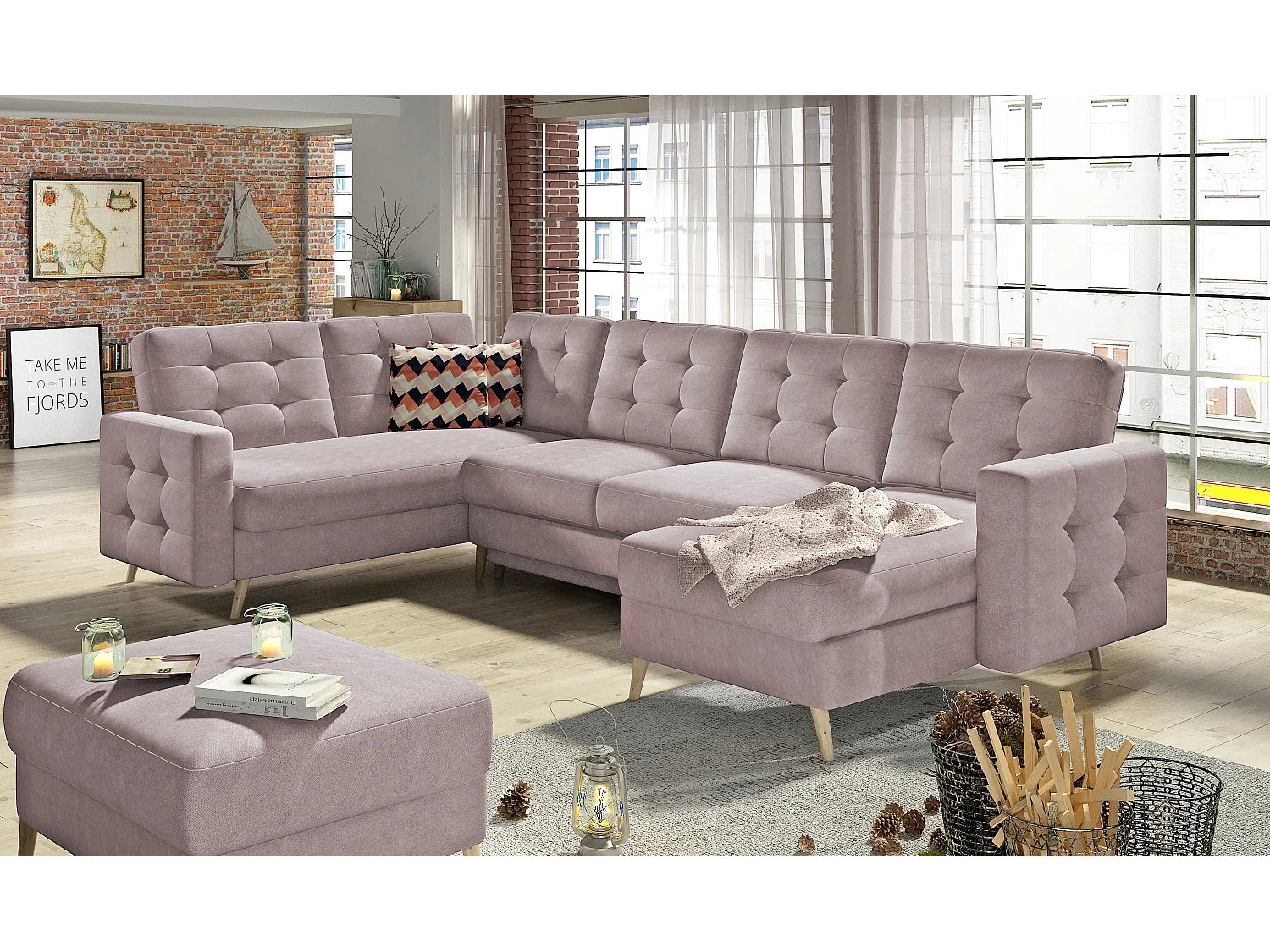 Canapé panoramique convertible ANSKA en tissu - Pieds bois naturel-Rose clair