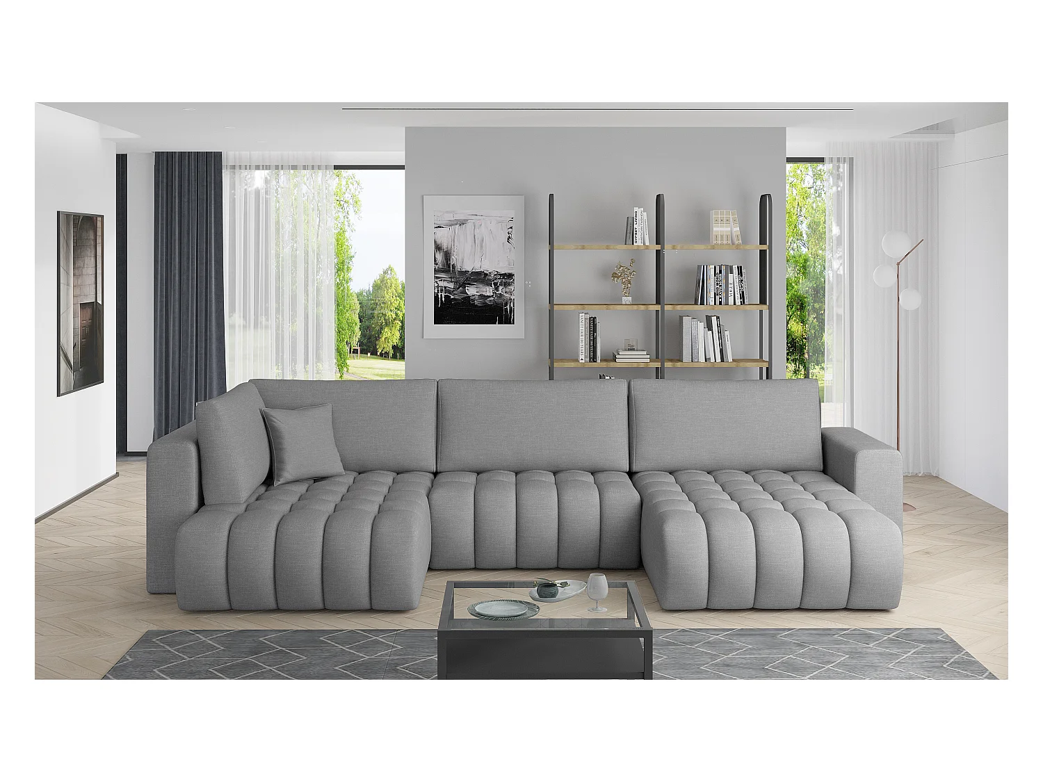 Canapé d'angle panoramique BOSTON en tissu capitonné-Gris chiné-Méridienne A droite