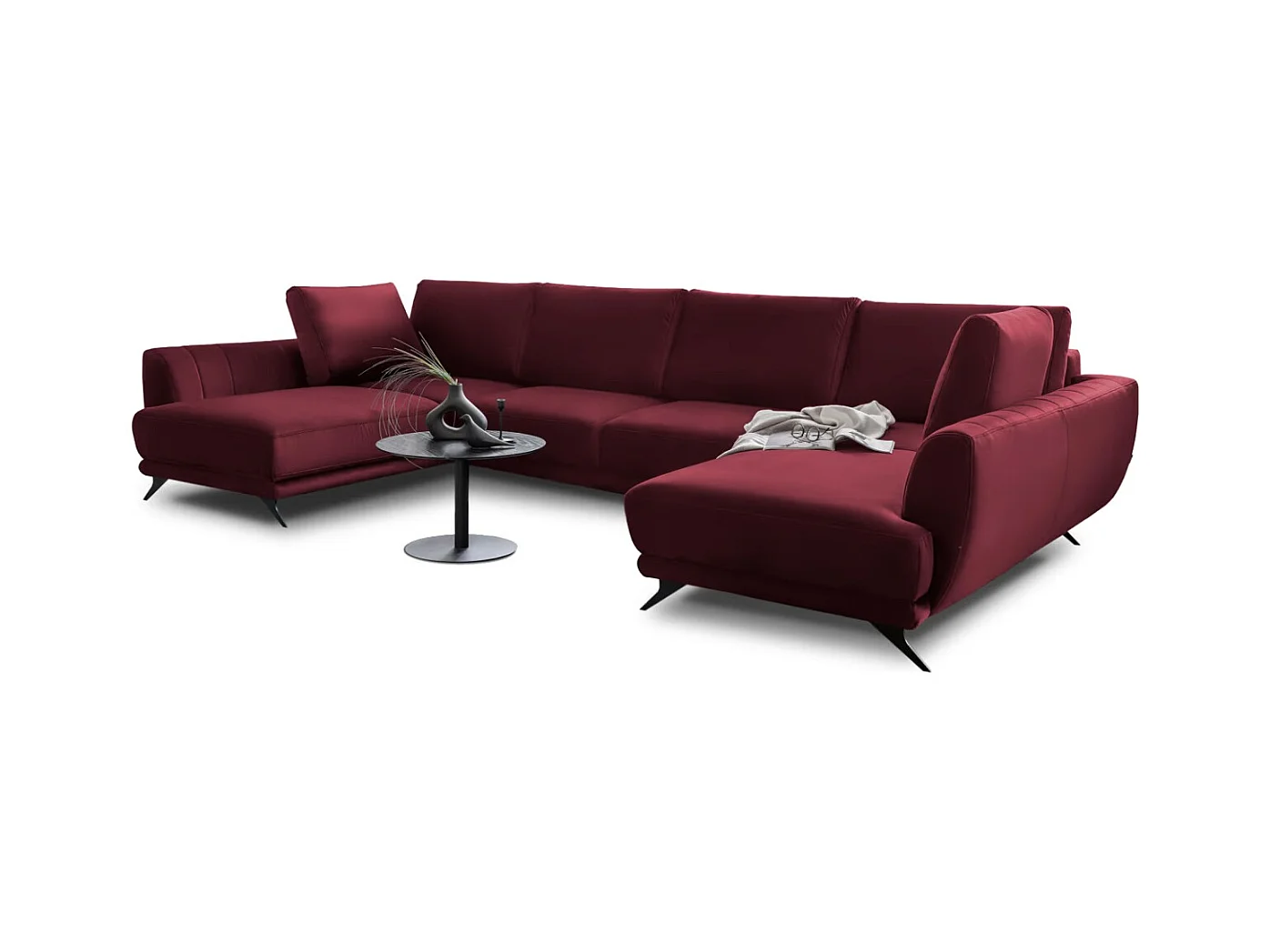 Canapé panoramique convertible LARGOS - Velours irrésistiblement douillet-Rouge cerise