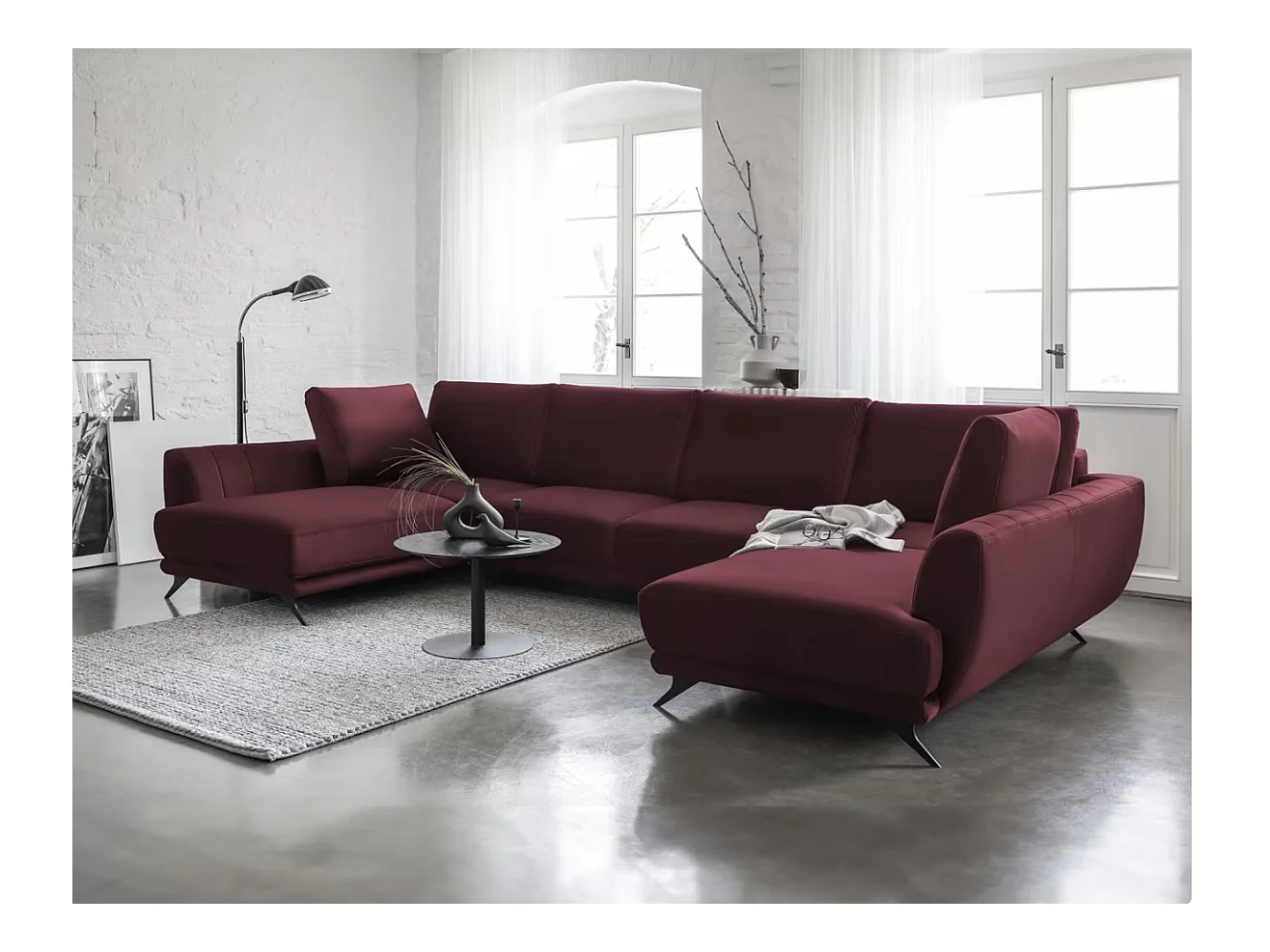 Canapé panoramique convertible LARGOS - Velours irrésistiblement douillet-Rouge cerise