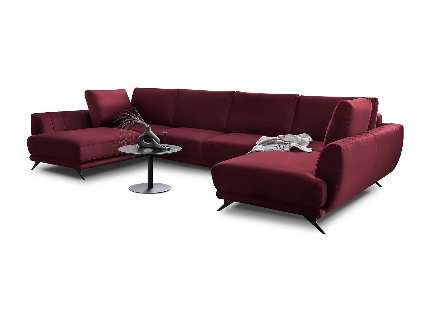 Canapé panoramique convertible LARGOS - Velours irrésistiblement douillet-Rouge cerise