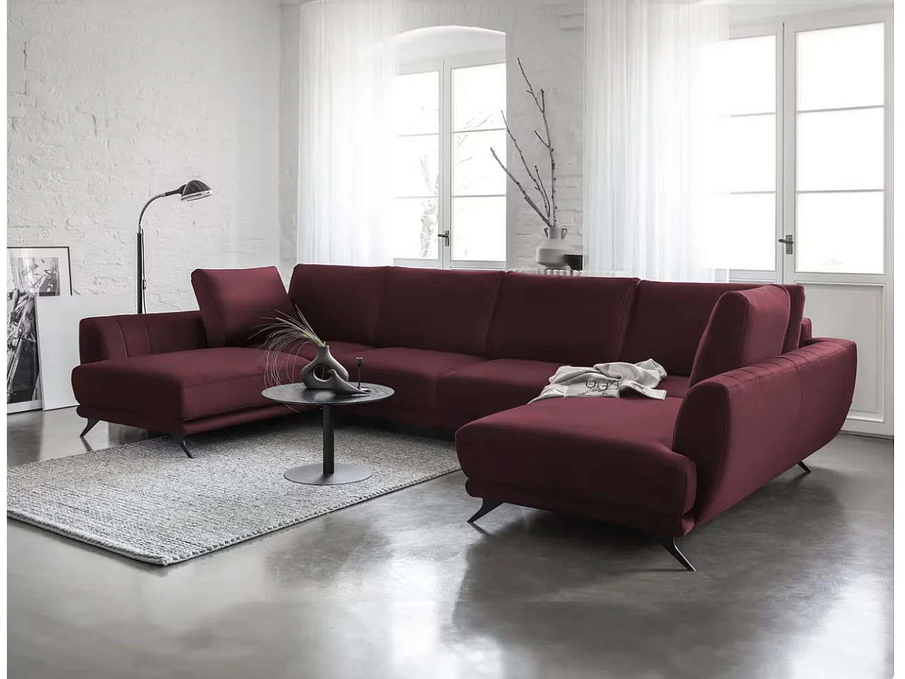 Canapé panoramique convertible LARGOS - Velours irrésistiblement douillet-Rouge cerise