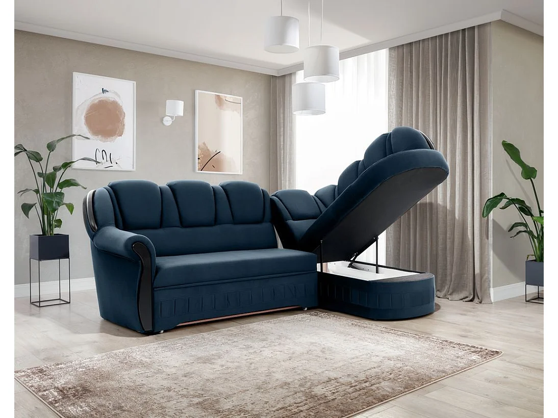 Canapé d'angle convertible avec rangement en velours Majesté-Bleu foncé-angle droit