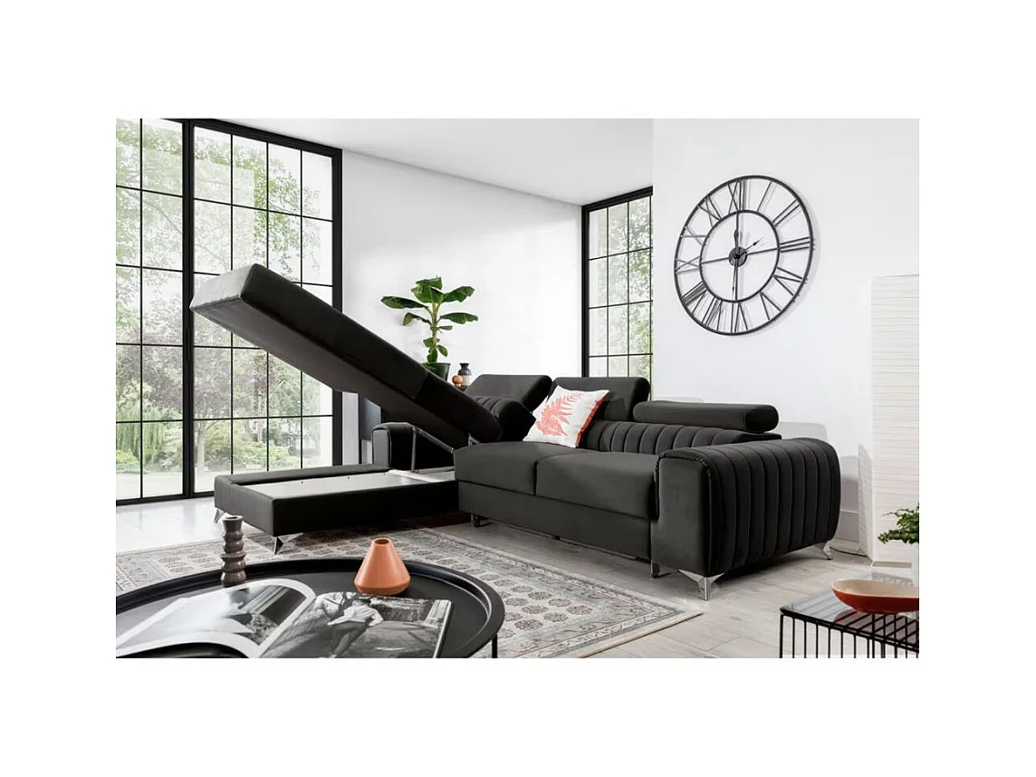 Canapé d'angle convertible velours têtière réglables GRENKY - Coffre, pieds acier chromé-Gris foncé-angle gauche