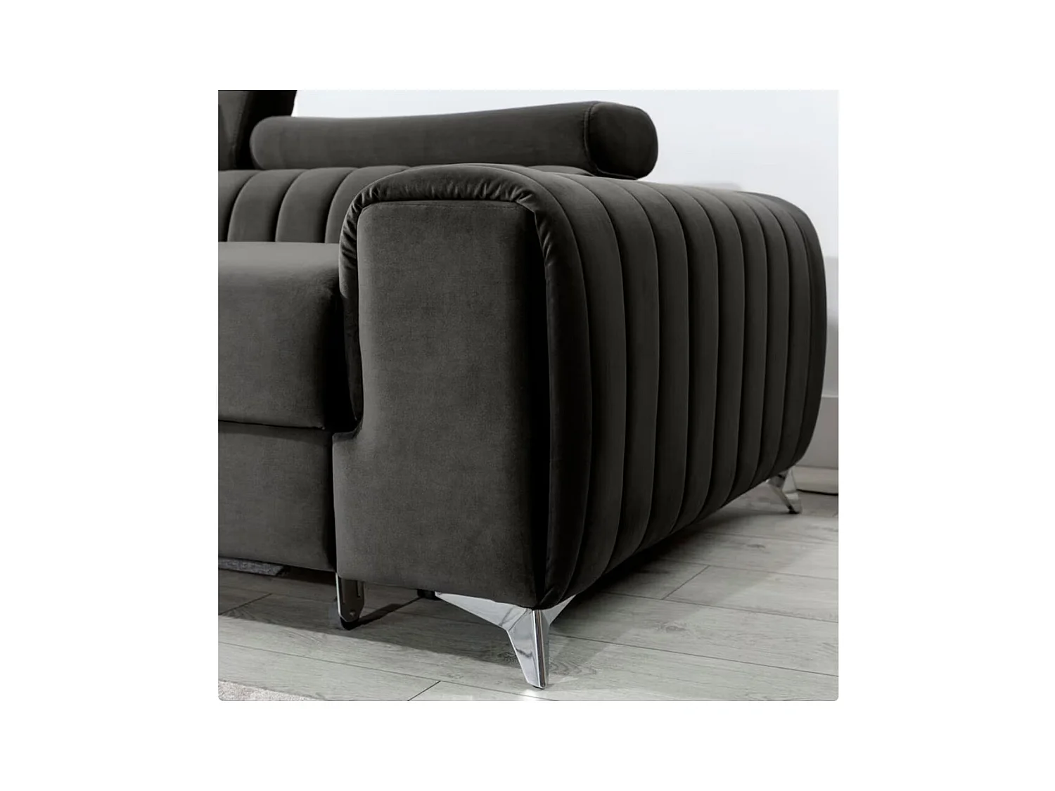 Canapé d'angle convertible velours têtière réglables GRENKY - Coffre, pieds acier chromé-Gris foncé-angle gauche