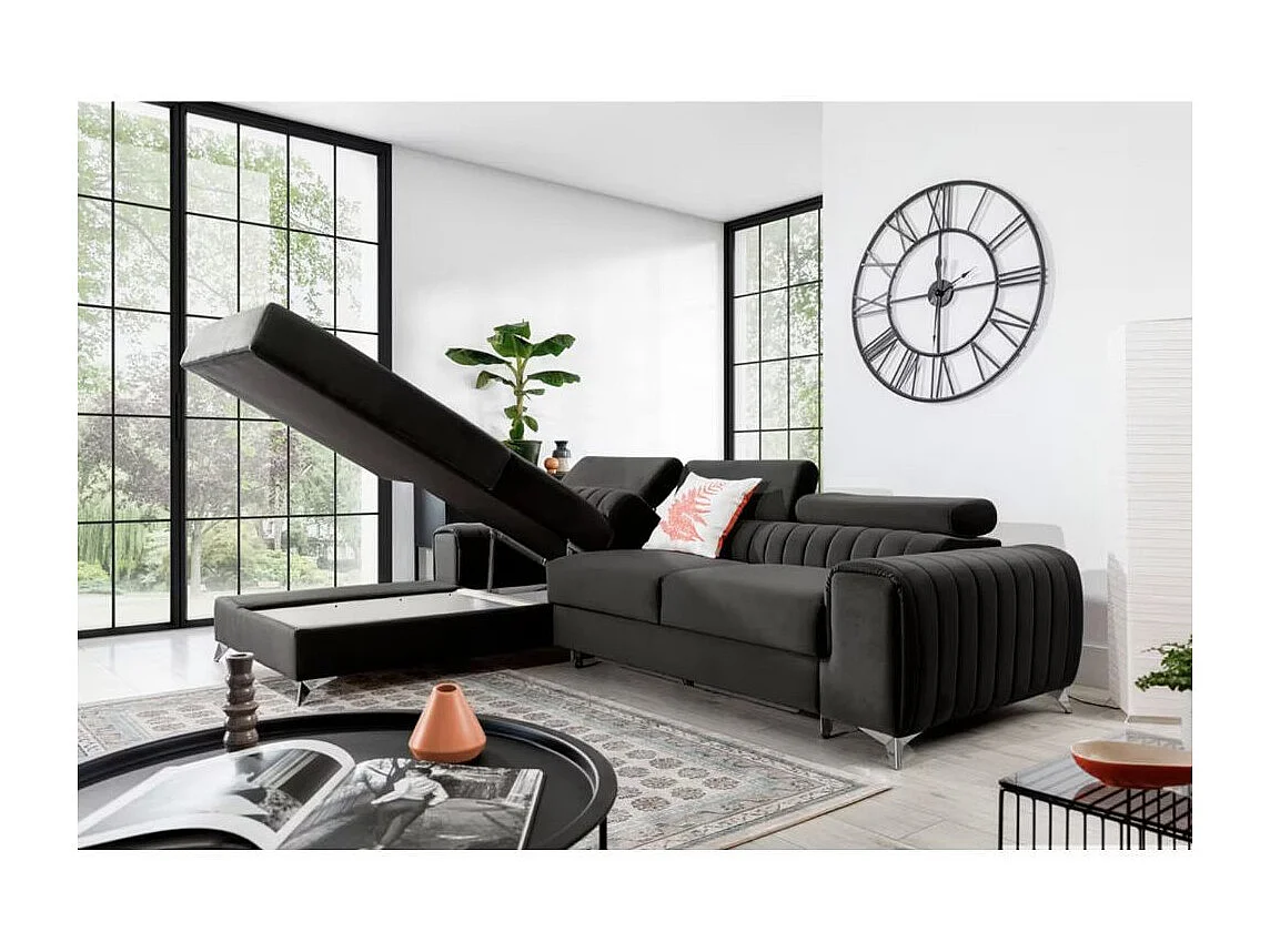 Canapé d'angle convertible velours têtière réglables GRENKY - Coffre, pieds acier chromé-Gris foncé-angle gauche