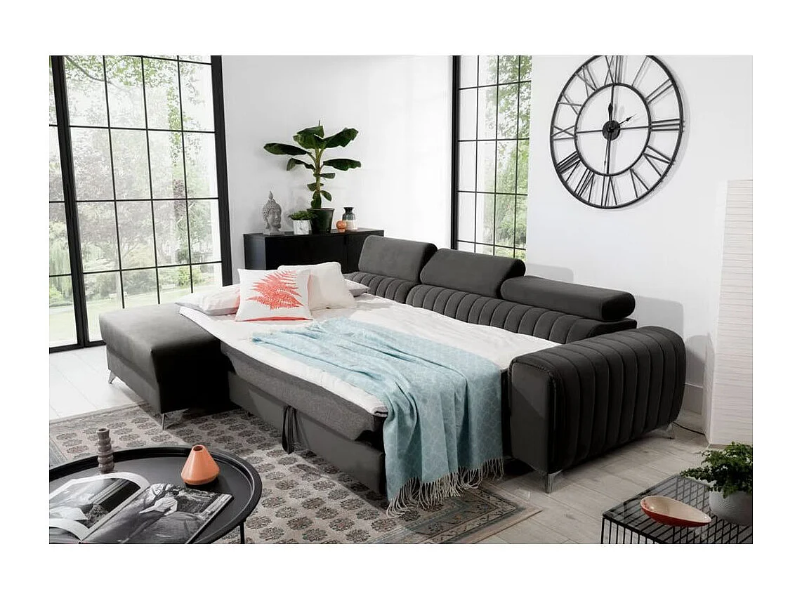 Canapé d'angle convertible velours têtière réglables GRENKY - Coffre, pieds acier chromé-Gris foncé-angle gauche