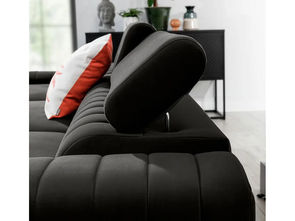 Canapé d'angle convertible velours têtière réglables GRENKY - Coffre, pieds acier chromé-Gris foncé-angle gauche