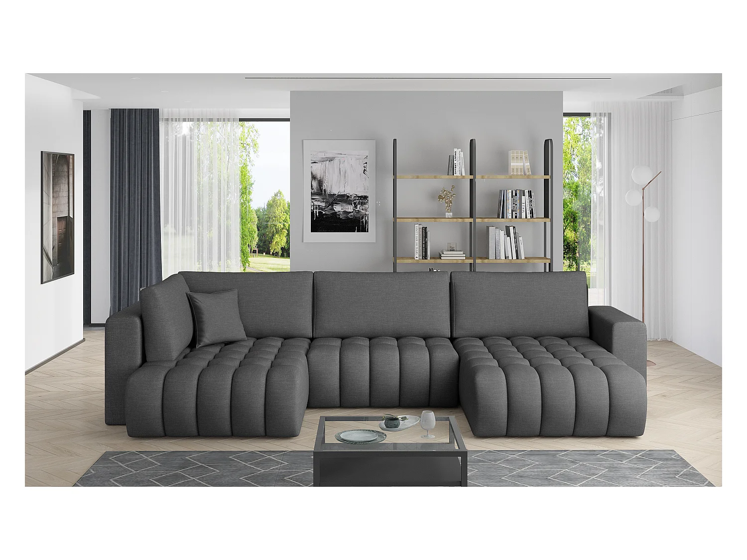 Canapé d'angle panoramique BOSTON en tissu capitonné-Gris foncé-Méridienne A droite