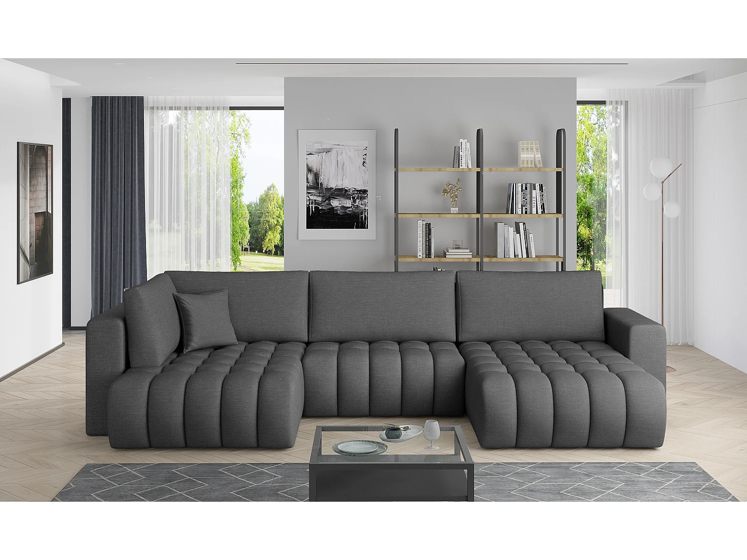 Canapé d'angle panoramique BOSTON en tissu capitonné-Gris foncé-Méridienne A droite