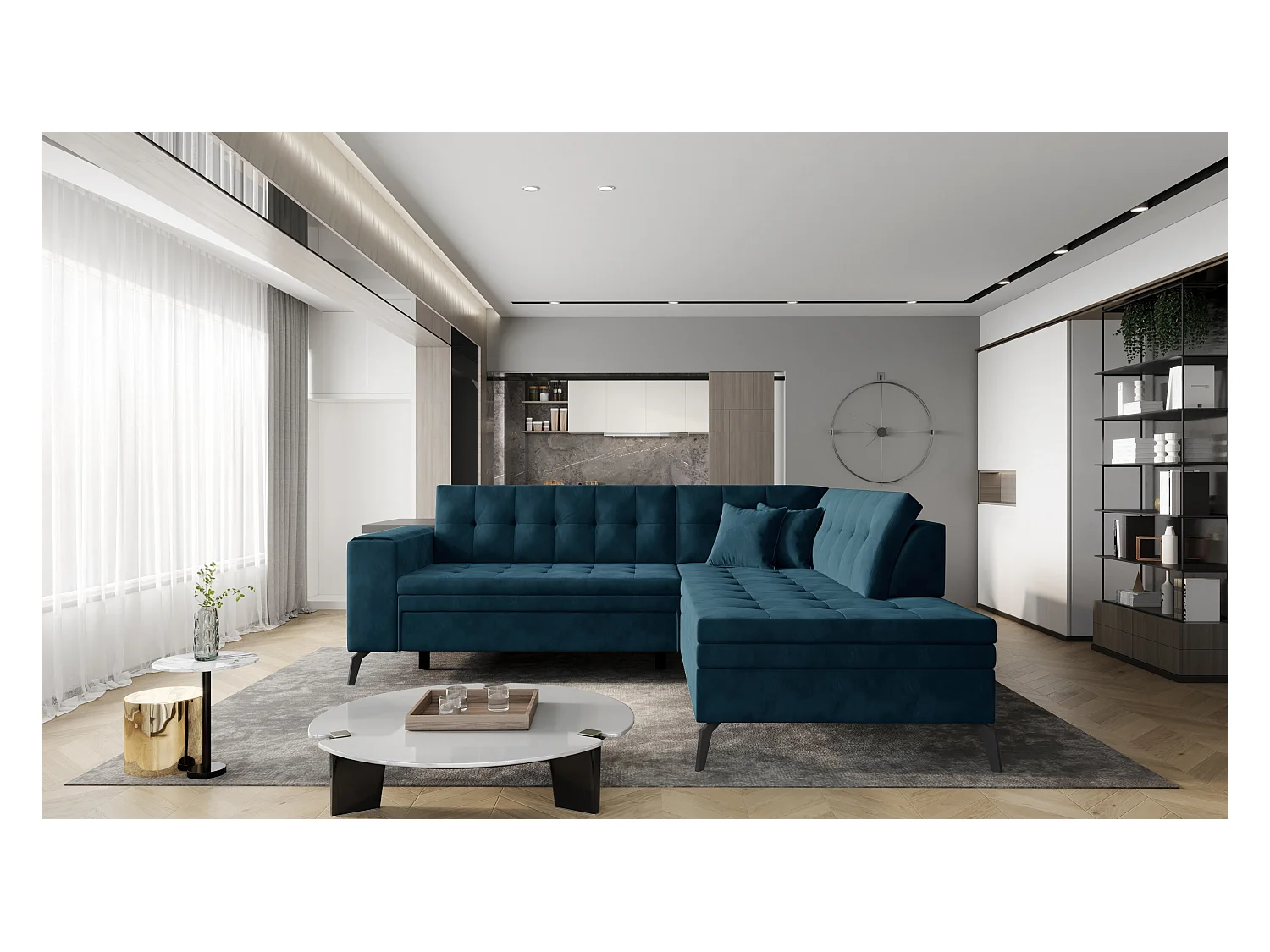 Canapé d'angle convertible velours LARRY - Pieds acier noir-Bleu pétrole-angle droit