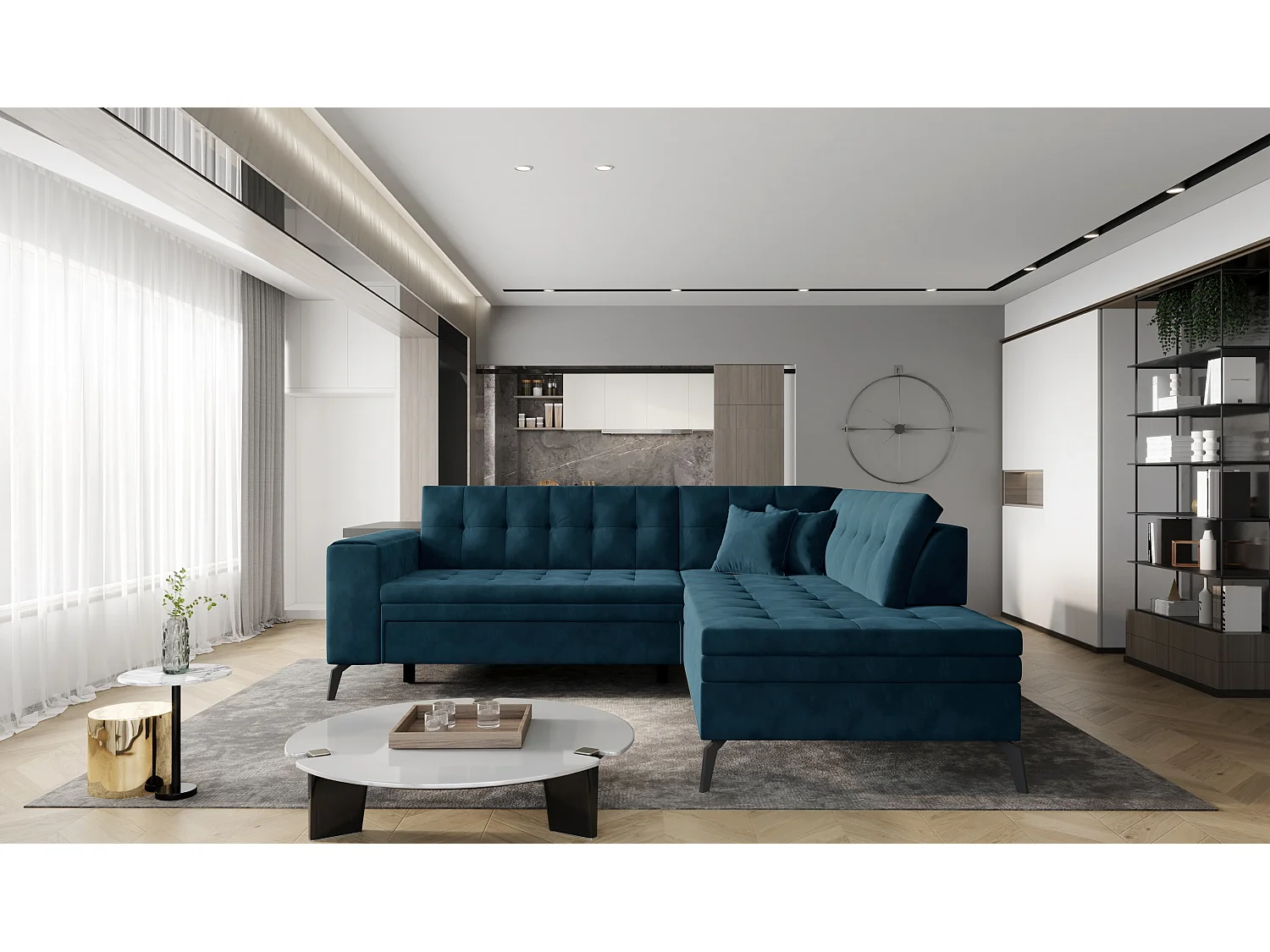 Canapé d'angle convertible velours LARRY - Pieds acier noir-Bleu pétrole-angle droit