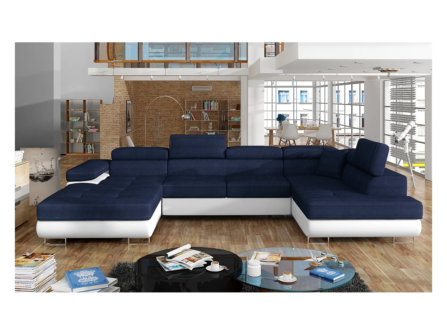 Canapé panoramique convertible ROMANO - Rangement et appuie-têtes réglables-Blanc/Bleu foncé-Coffre à droite