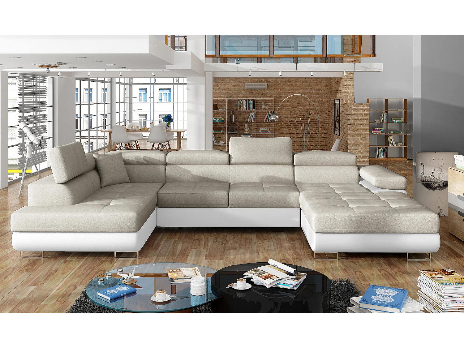 Canapé panoramique convertible ROMANO - Rangement et appuie-têtes réglables-Blanc/Bleu foncé-Coffre à droite