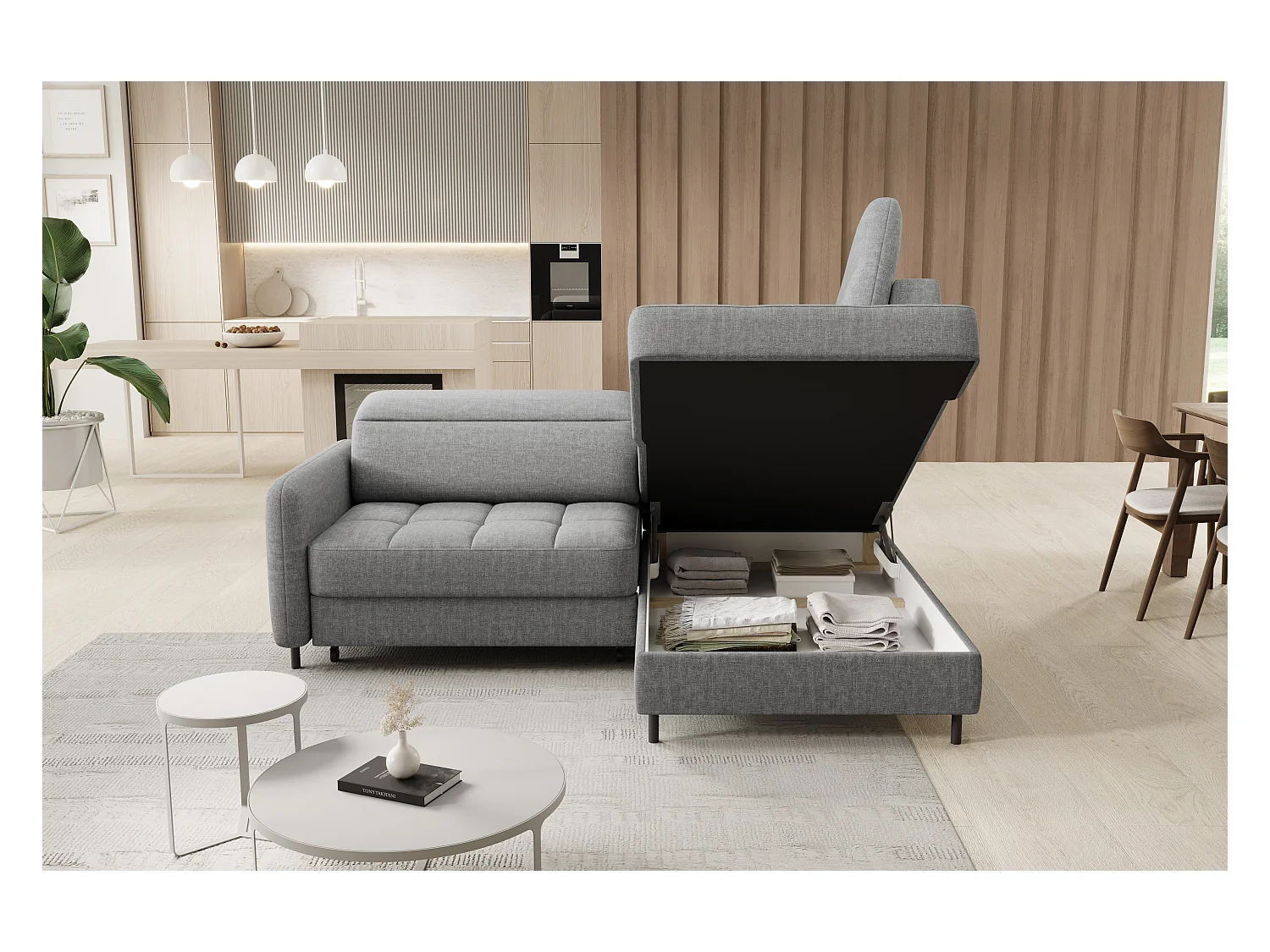 Kleine omvormbare stoffen hoekbank met opbergruimte BOREA 208 cm-Kleur Grijs-juiste hoek