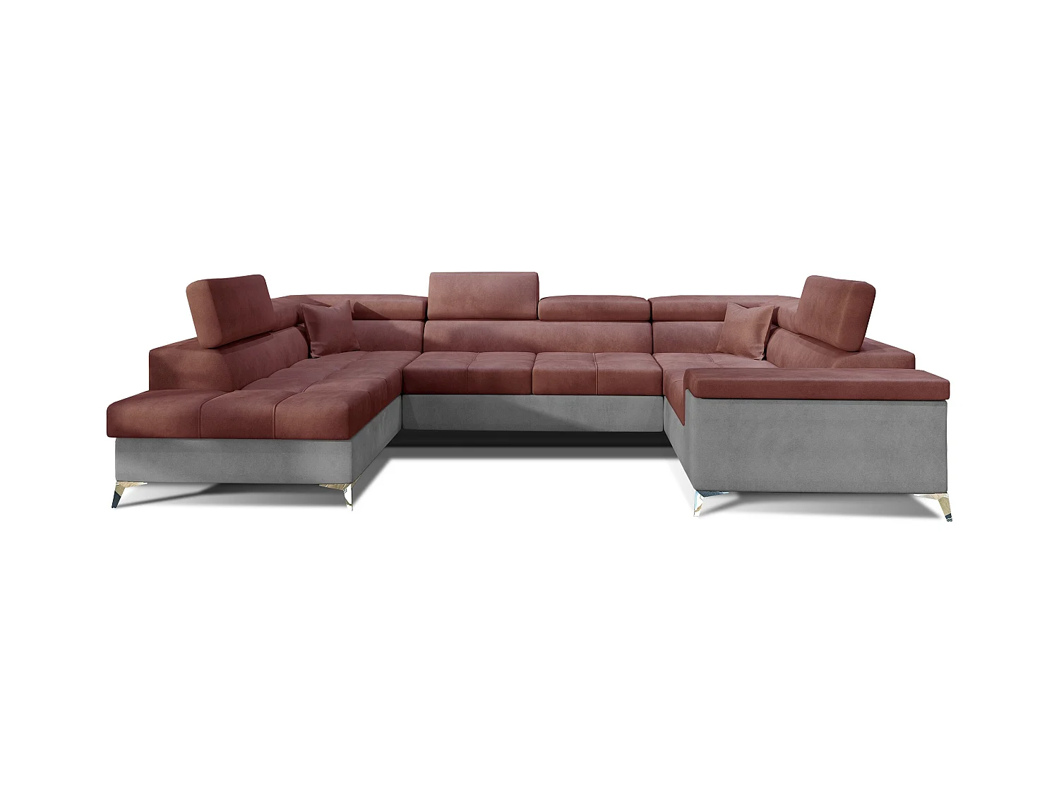 Canapé panoramique convertible TRIANO velours - têtières réglables-Gris clair/Rose cuivré-Coffre à gauche