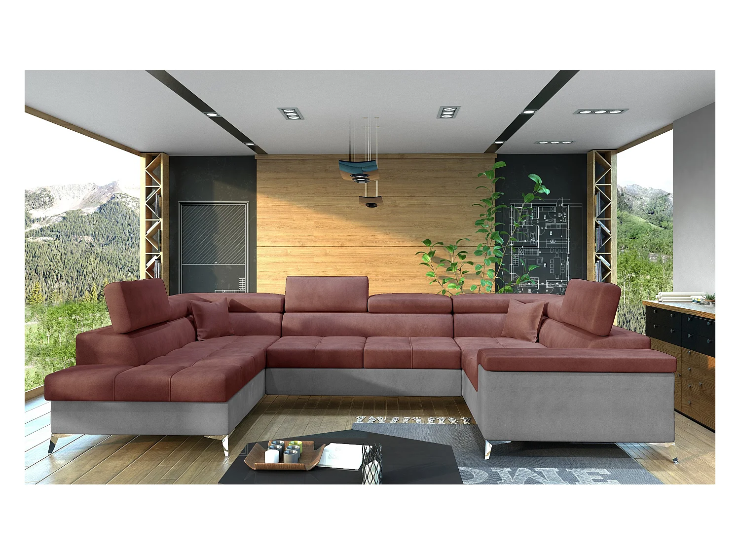 Canapé panoramique convertible TRIANO velours - têtières réglables-Gris clair/Rose cuivré-Coffre à gauche