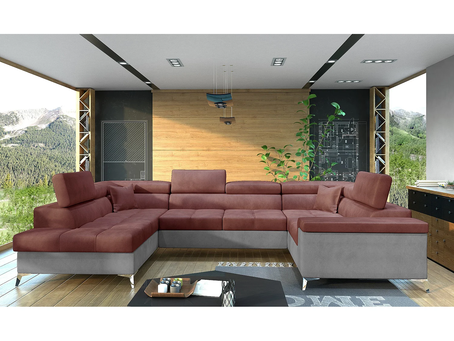 Sofá panorámico convertible TRIANO en terciopelo, con almacenaje y reposacabezas ajustables-Gris claro/Rosa cobre-Caja Lado izquierdo