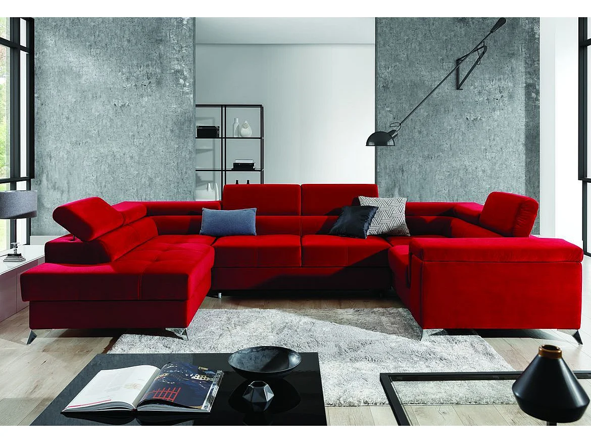 Sofá panorámico convertible TRIANO en terciopelo, con almacenaje y reposacabezas ajustables-Gris claro/Rosa cobre-Caja Lado izquierdo