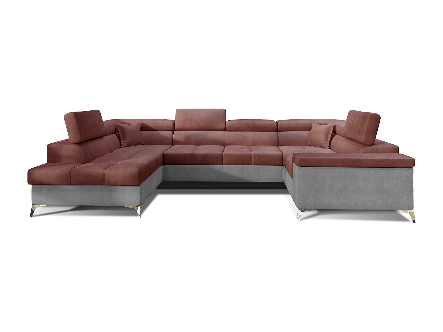 Canapé panoramique convertible TRIANO velours - têtières réglables-Gris clair/Rose cuivré-Coffre à gauche