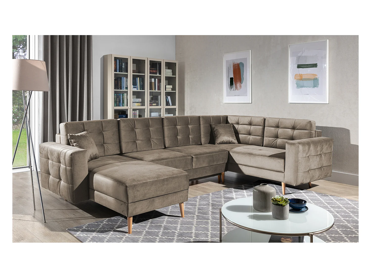 Canapé panoramique convertible ANSKA en velours - Pieds bois naturel-Marron clair